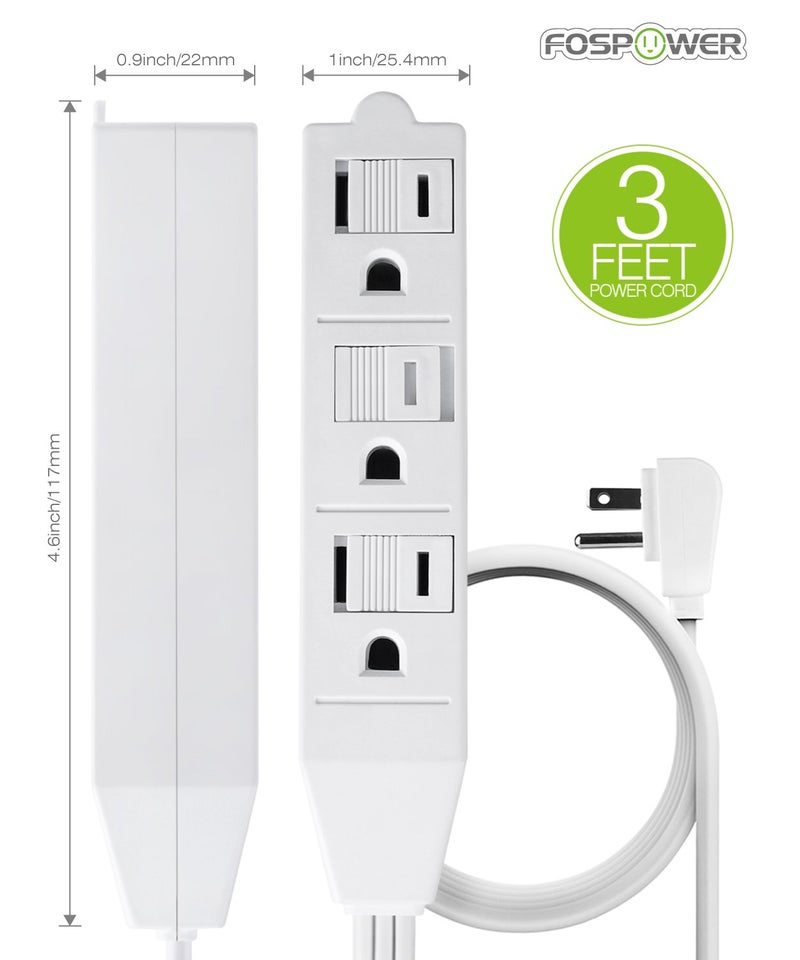 FosPower 3 Outlet Power Strip 3ft - FosPower Cruise Ship Approved Small White Power Strip with Flat Plug & Safety Covers, Short 3 Foot Short Extension Cord, No Surge Protector, 3 Prong, ETL Listed -2PACK - Image 5